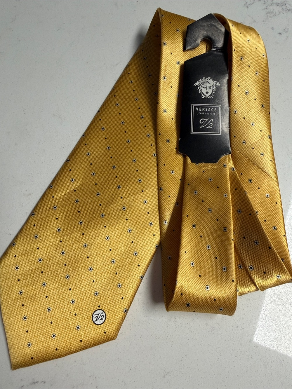 Versace Yellow Silk Tie with Micro Square Pattern